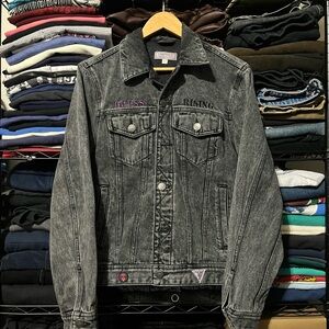 GUESS Black Washed Denim Trucker Jacket with Subtle Embroidery